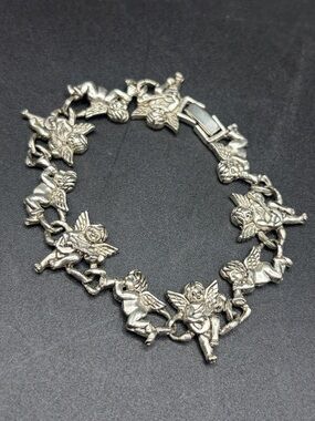 Vintage Silver Tone Metal Musician Cherub Angel Putti Cupid Bracelet, Jewelry